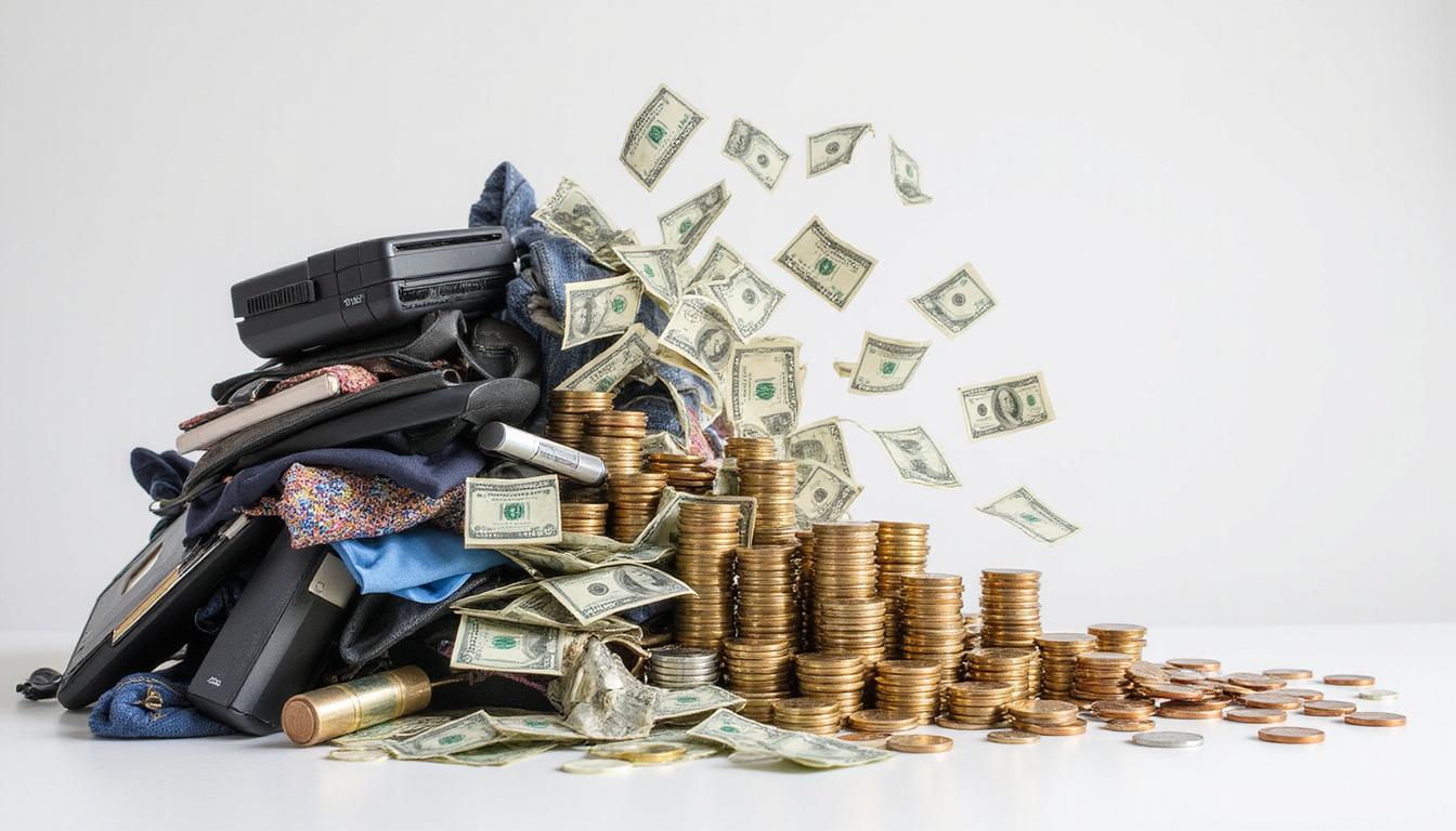  Transformation montage: clutter of electronics and clothes morphing into stacks of coins and dollar bills