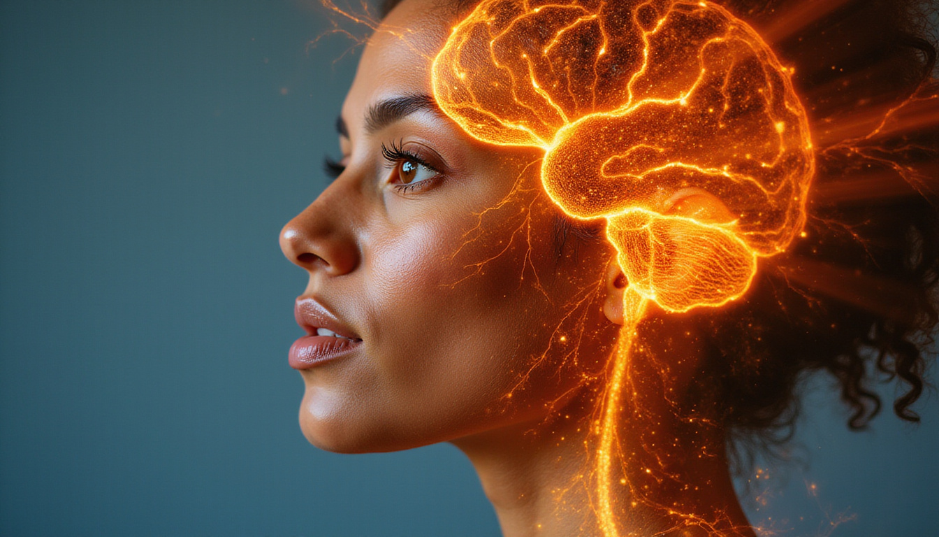  Double exposure portrait of radiant-skinned woman merging with glowing neural brain, vibrant orange energy