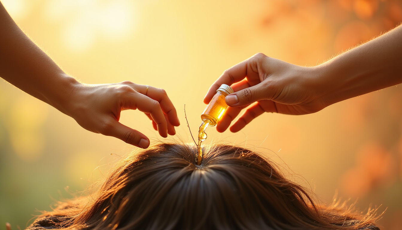  nurturing scalp scene, hands applying serum, vitamins, sunlight, new hair shafts emerging