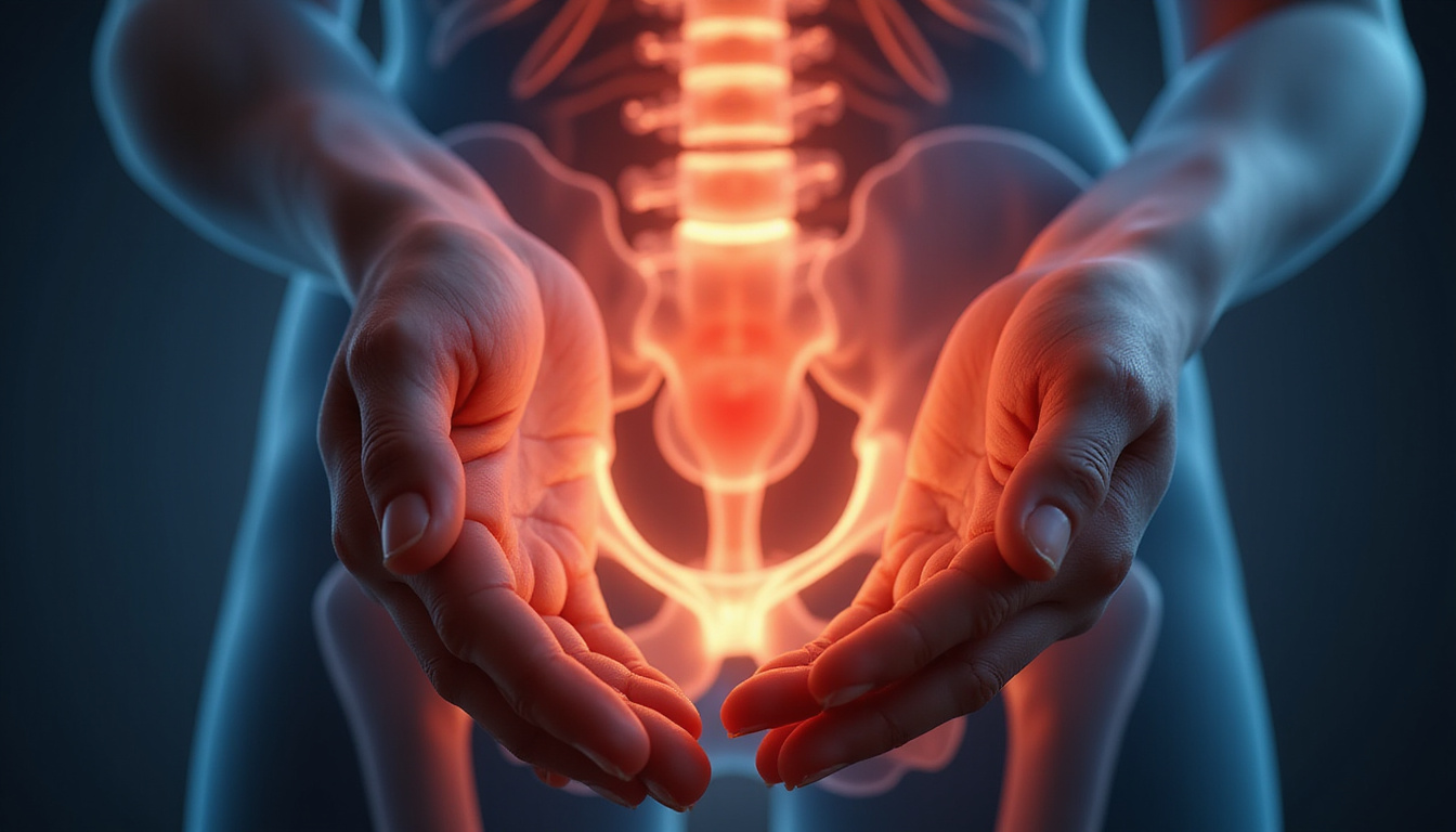  Transparent anatomical overlay of pelvic floor muscles glowing, comforting hands guiding, calm empowering atmosphere