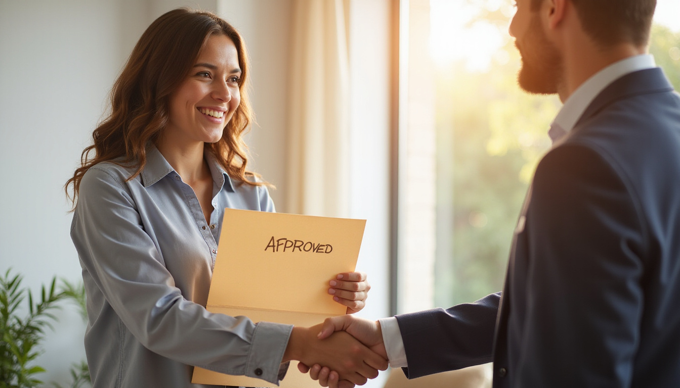  Confident applicant presenting organized folder, glowing APPROVED letter, smiling landlord handshake, warm natural light