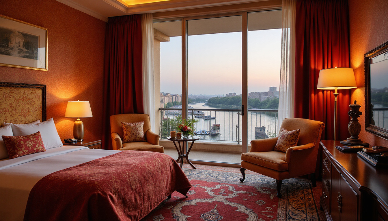 Luxurious hotel suite balcony overlooking Nile, plush decor, Arabic patterns, warm evening ambience