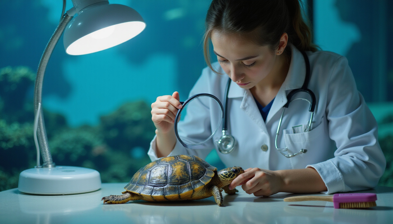  Veterinarian gently examining turtle shell with magnifying glass beside basking lamp, soft brush, aquarium background