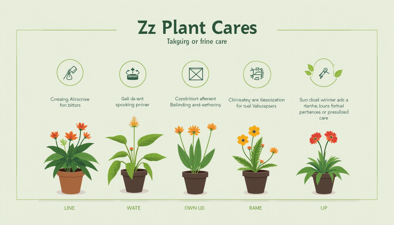  Minimalist infographic of ZZ plant care: watering schedule, light icons, pruning tips, muted palette