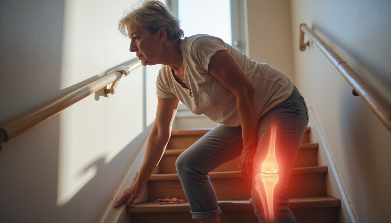  elderly woman struggling up stairs, stiff knee highlighted, ghosted cartilage loss illustration overlay