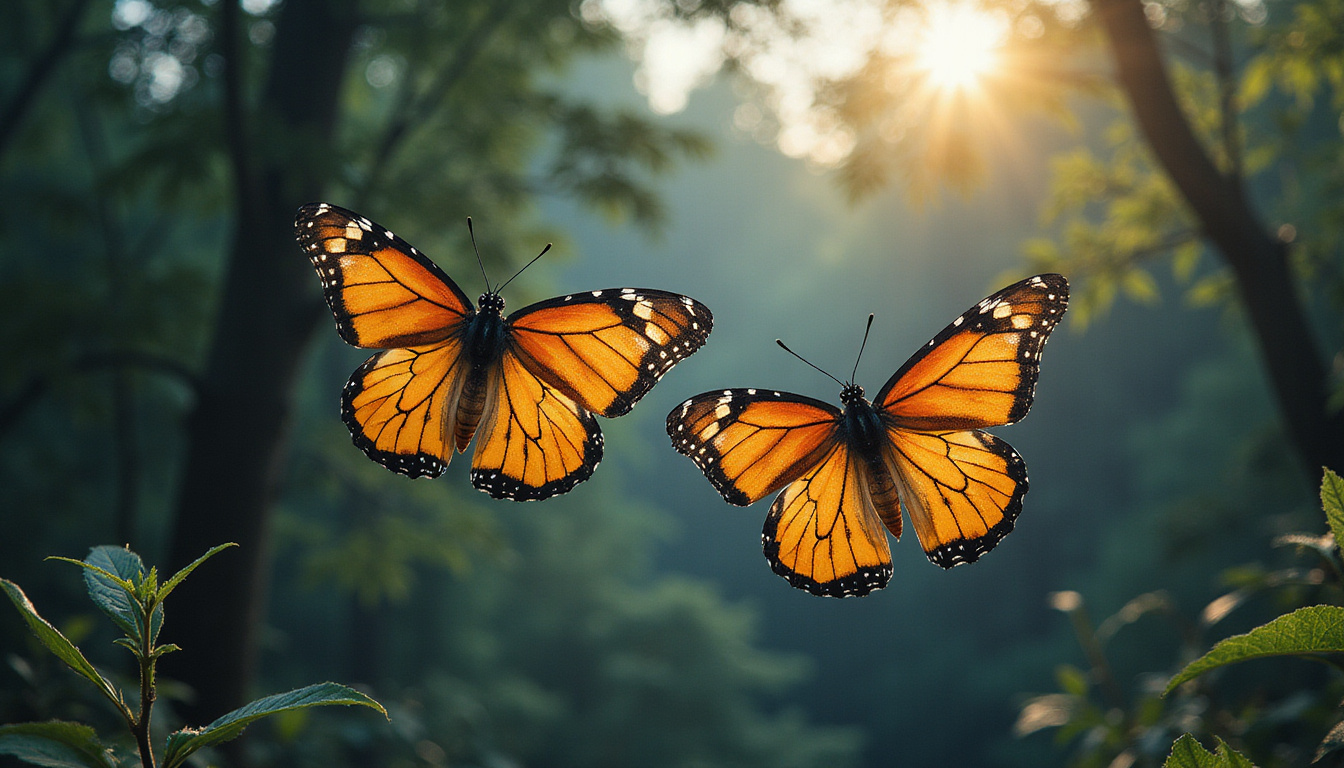  Delicate monarchs carrying whispered messages, moonlit forest, symbolic tattoos, soft golden light
