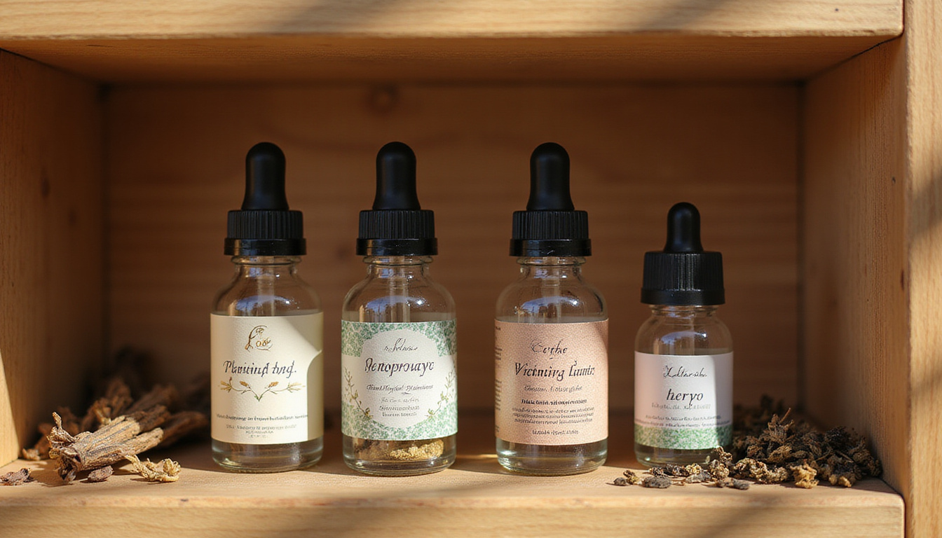  Neatly labeled anointing oil bottles on wooden shelf, dried herbs, safety lock, sunlight filtering