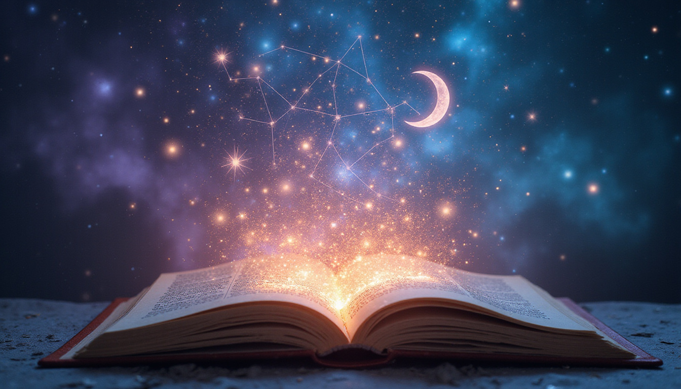  Mystical astrology guidebook opening, glowing constellations spill into a blooming chrysalis of personality