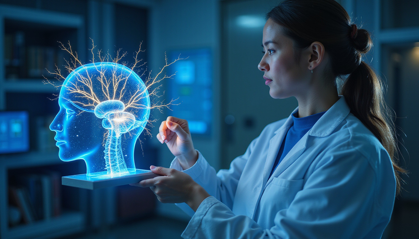  Surgeon using holographic neural mapping interface illuminating blue and gold neural circuits for rehabilitation