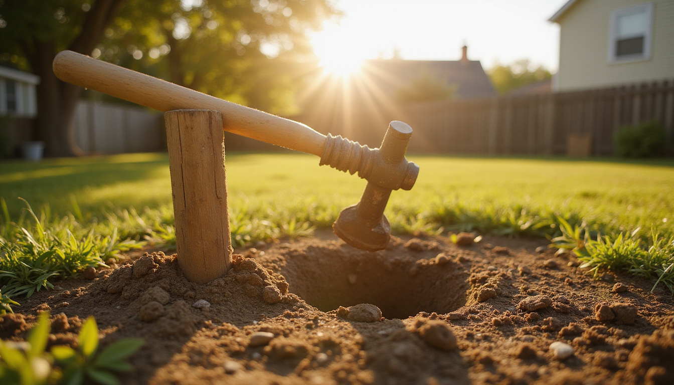 Sunlit backyard scene, careful prying with crowbar, neat post holes, repaired sod