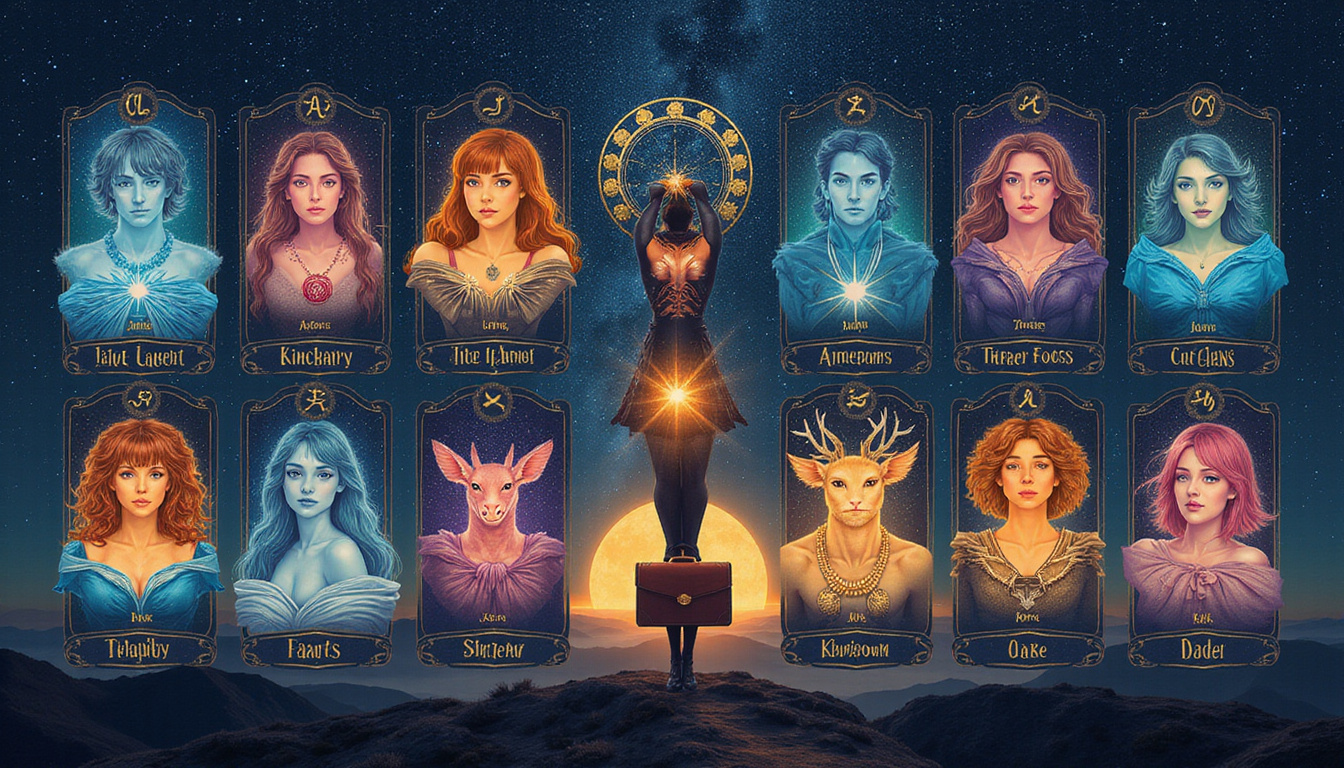  Tarot-style portraits of twelve zodiac signs balancing heart and briefcase, starry night backdrop