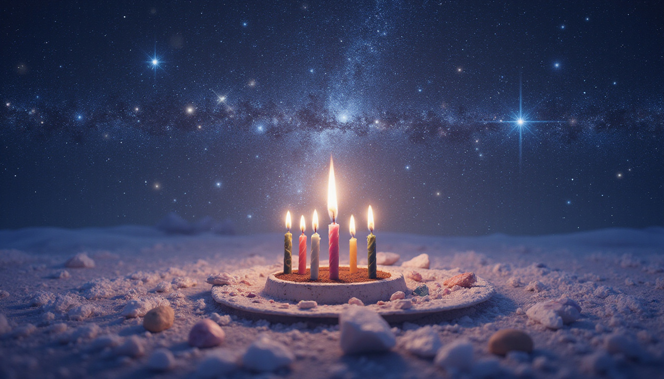  Celestial birthday calendar, constellations aligning, candles and crystals illuminating numerical aspects