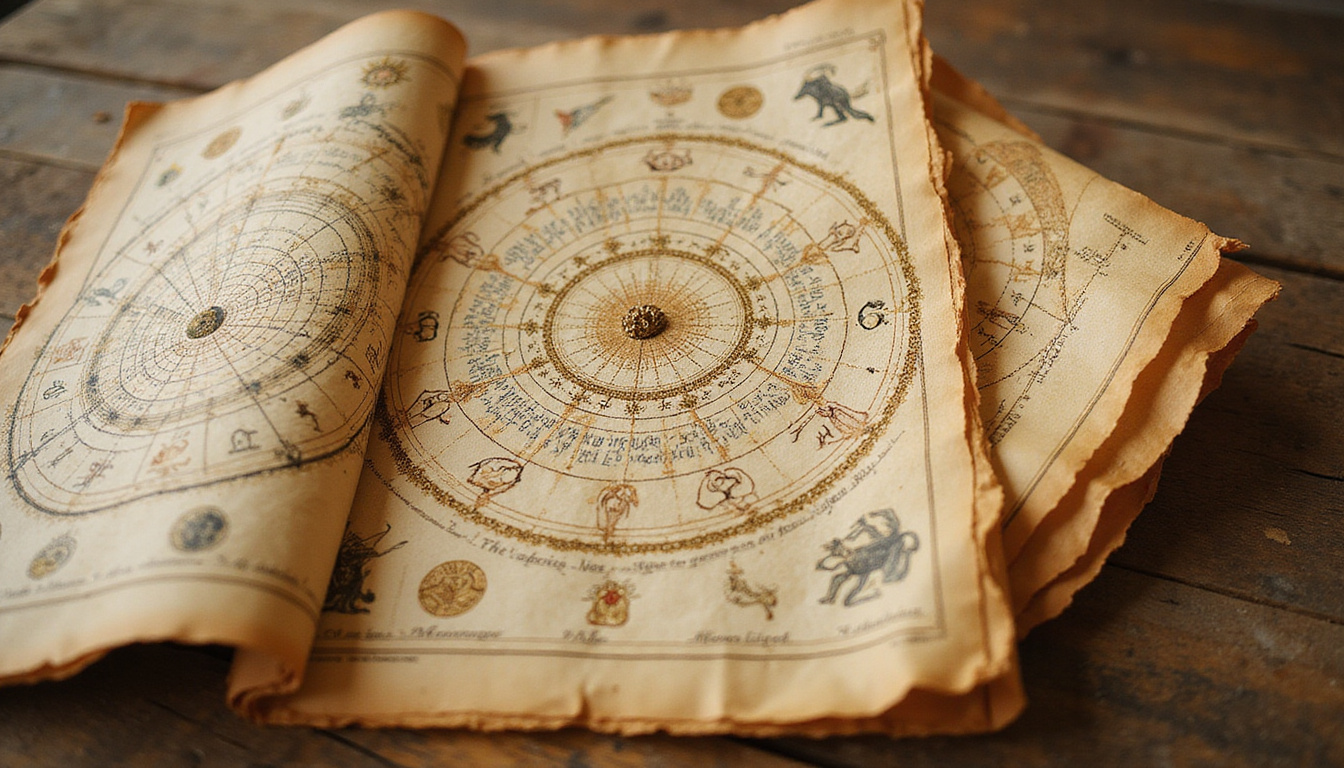  Vintage astrological birth charts unraveling like scrolls, golden threads connecting zodiac symbols