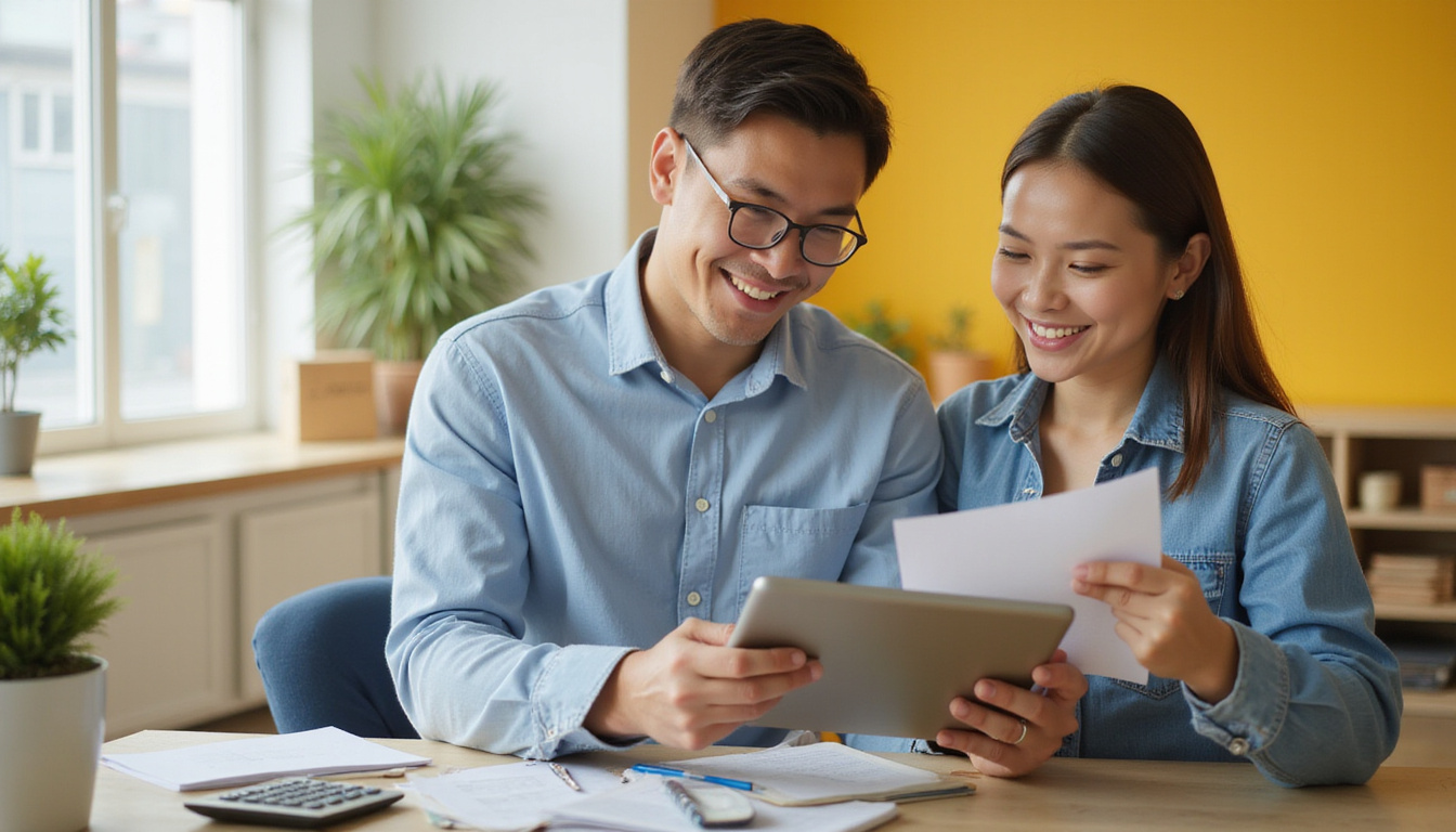 Time-saving strategy scene: checklist, digital tablet, moving truck, budget calculator, smiling tenants