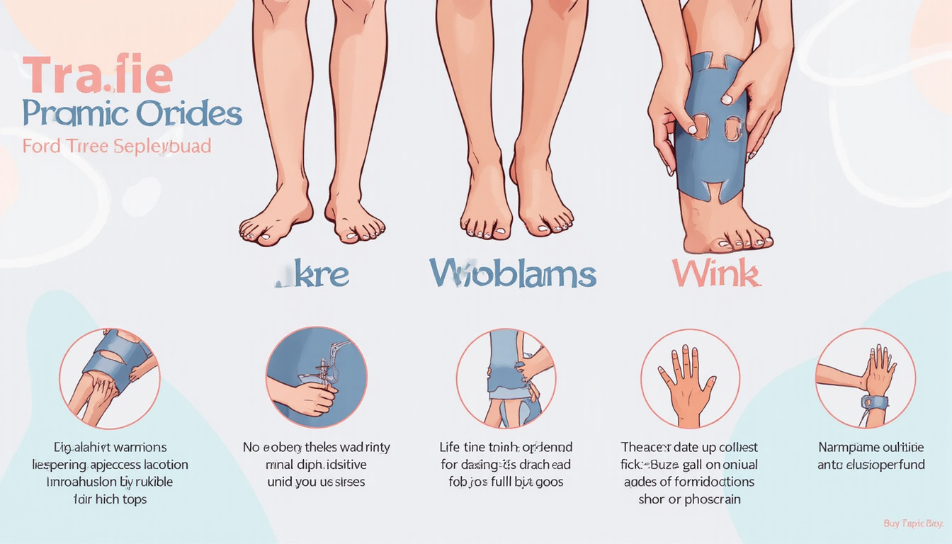  Close-up of knee and wrist supports, illustrated tips icons, clean medical infographic style, soft pastel palette