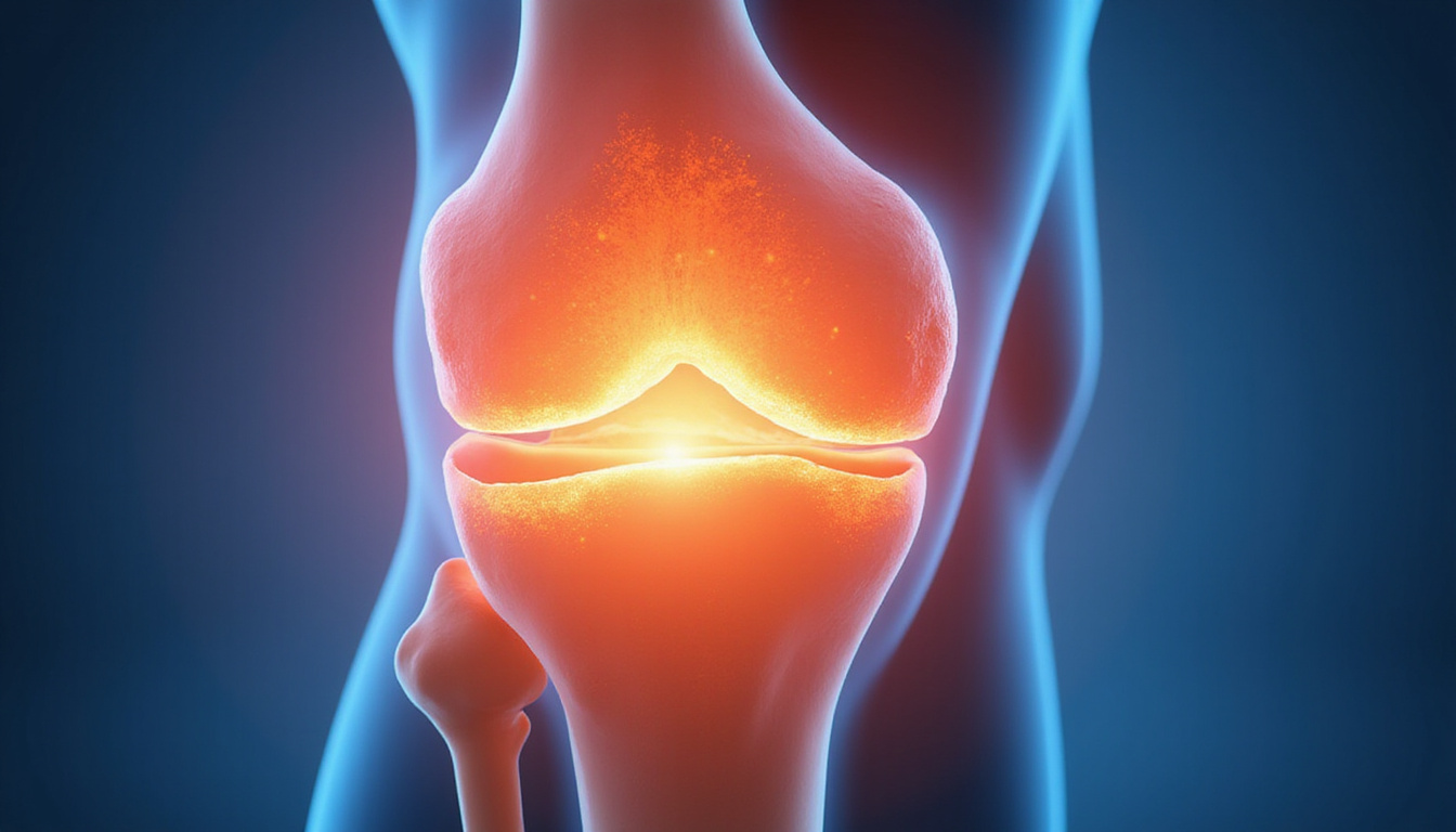  Cutaway anatomical knee showing hyaluronic gel smoothing cartilage, glowing lubricant effect, clinical infographic