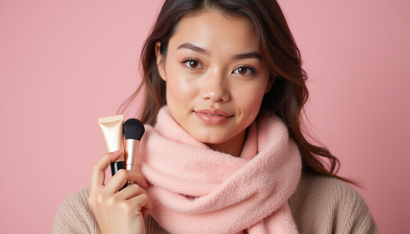 Makeup counter with concealers, scarves, wigs showcased for MTF confidence, soft pastel aesthetic