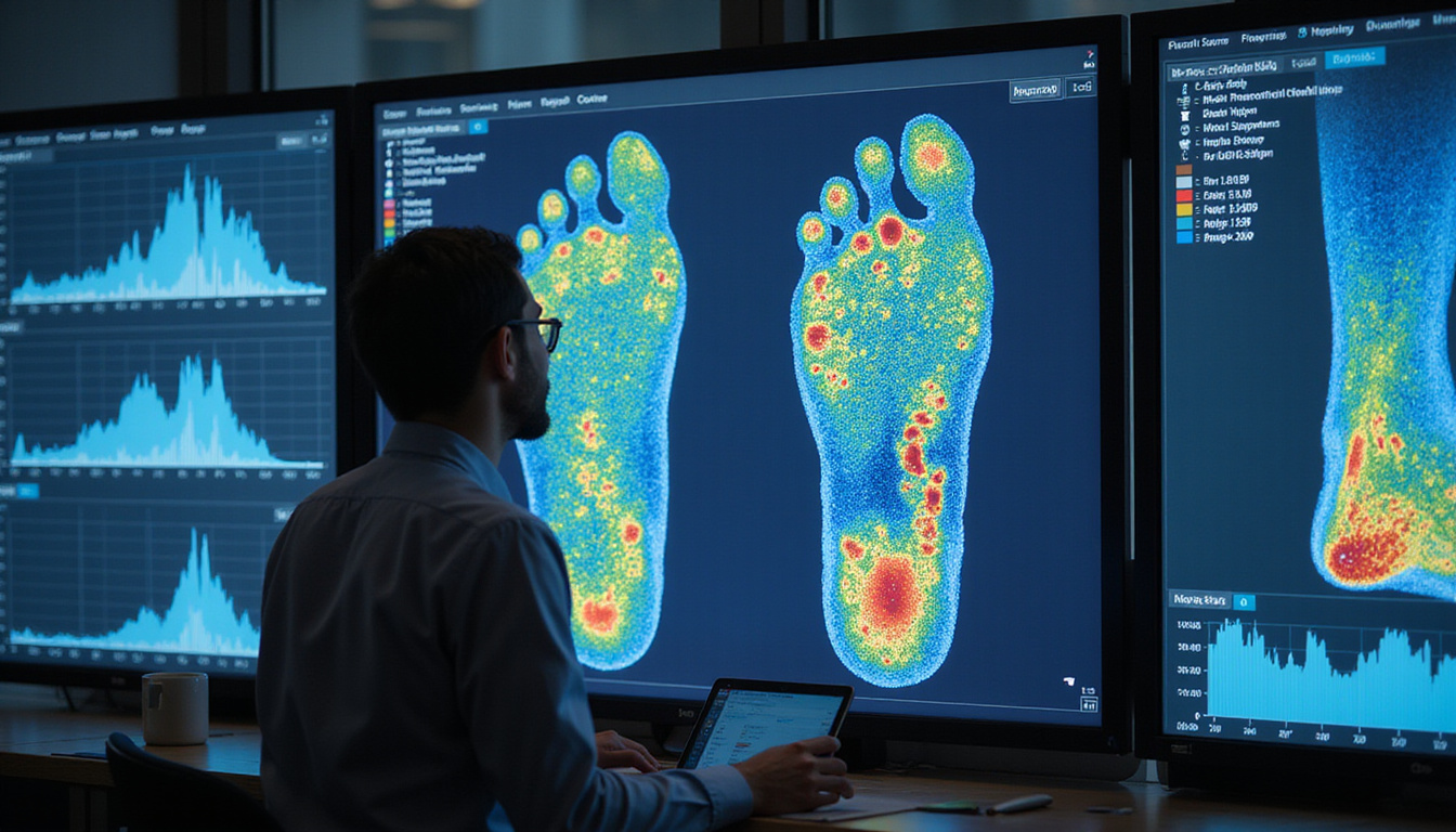  Biomechanics specialist analyzing colorful foot pressure heatmaps and stride graphs on transparent screens