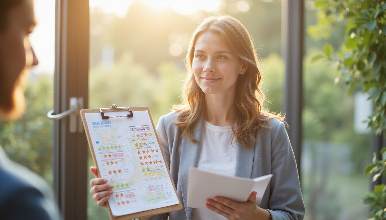  Focused family consulting relocation specialist with clipboard, star ratings floating, map and calendar visible, warm natural light