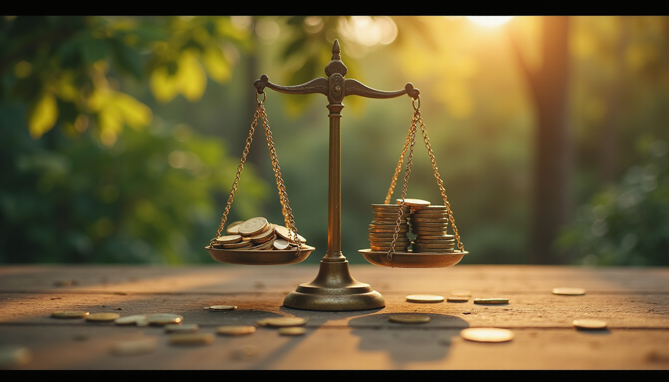  Balanced scales holding everyday luxuries and coins, warm cinematic lighting, infographic overlays