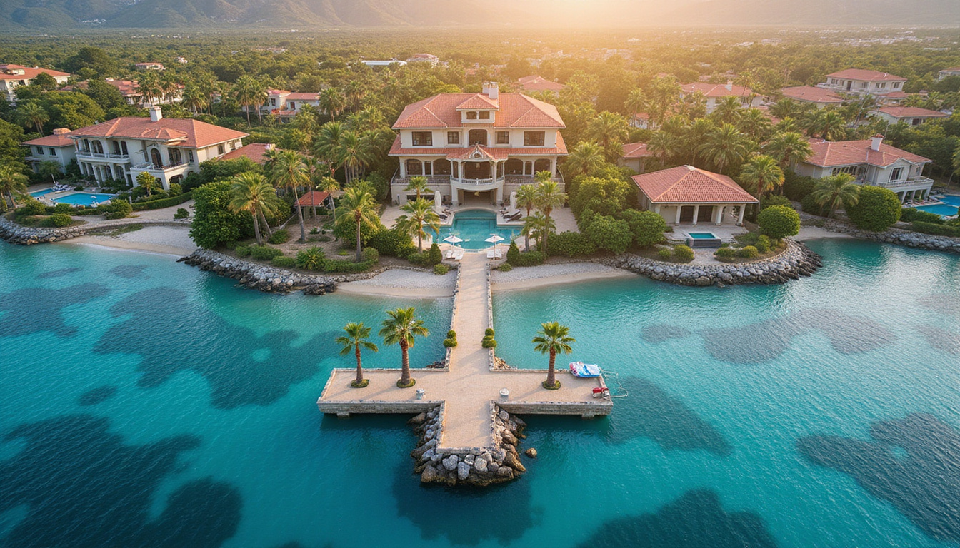  Aerial view of secluded Mediterranean resort, palm-lined docks, opulent villas, golden light