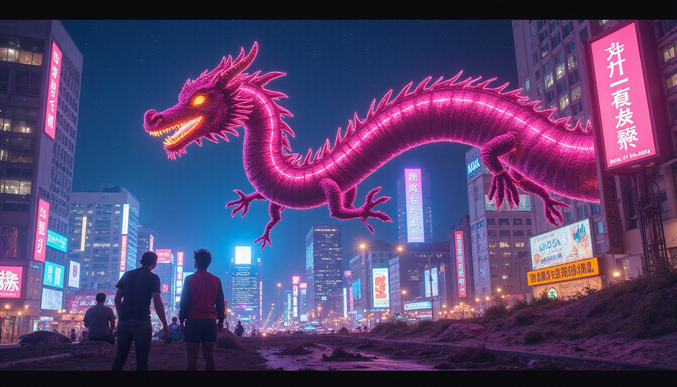  Ink-brushed dragon spiraling through neon startup skyline, founders below telling bold stories, resilient glow
