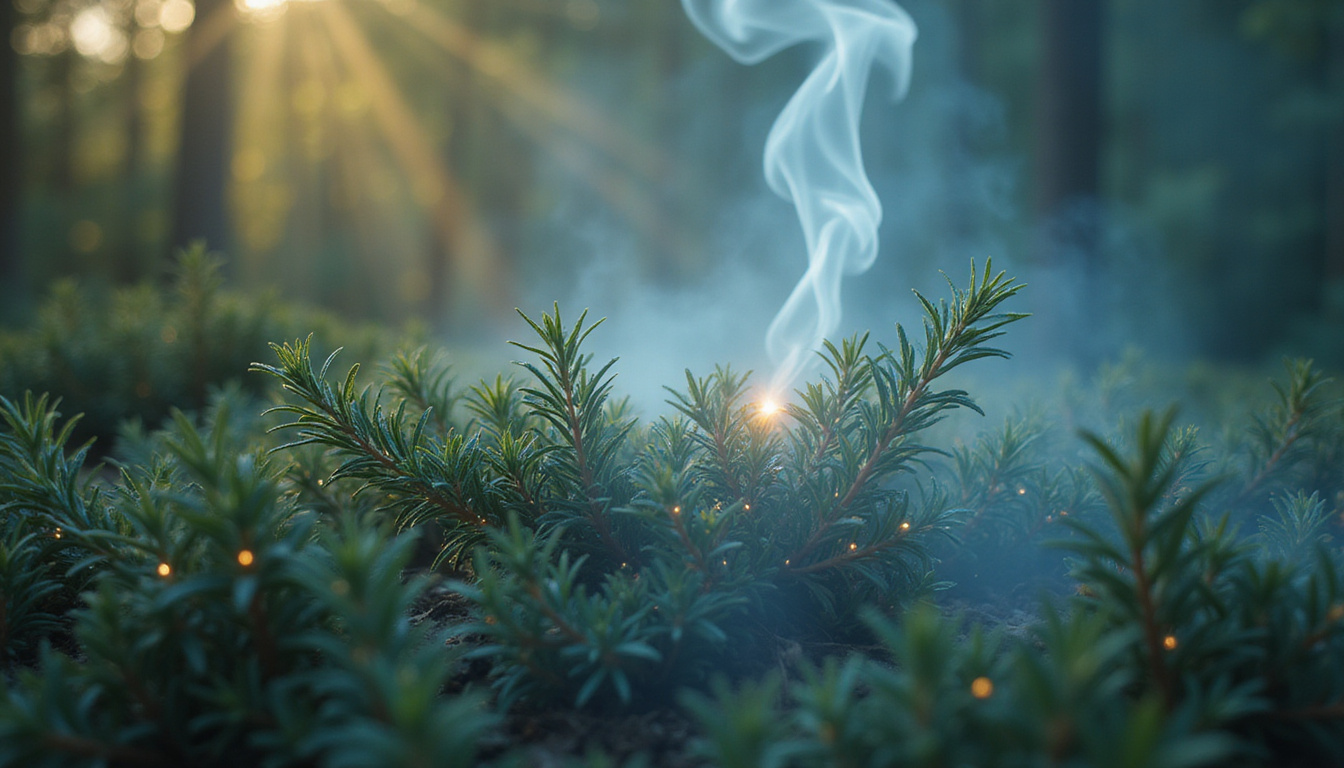  Ethereal rosemary branches transforming into glowing neural synapses, calming herbal steam, wellness aura