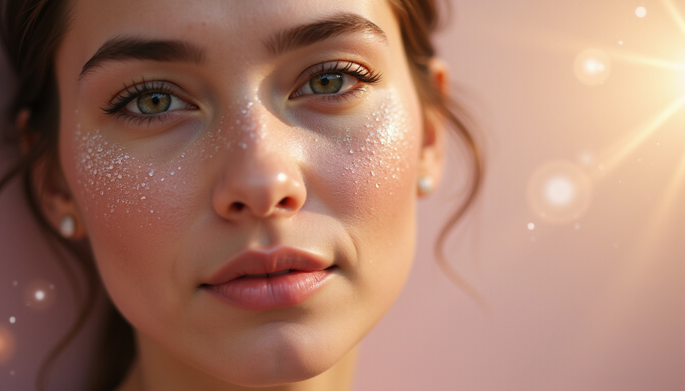  Close-up dewy youthful skin being restored: elastic fibers, luminous halo, scientific infographic overlay