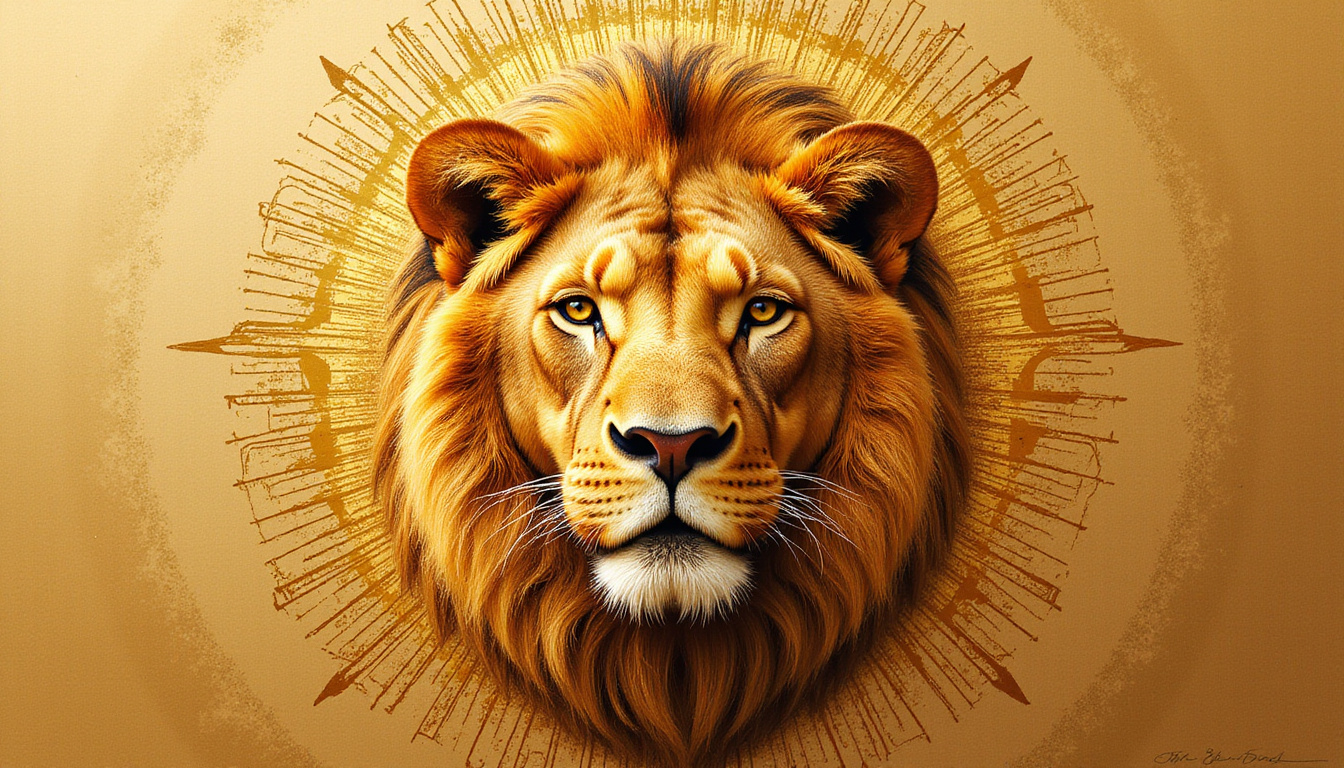  Golden lion portrait composed of tribal glyphs, sun motifs, regal expression, oil painting style