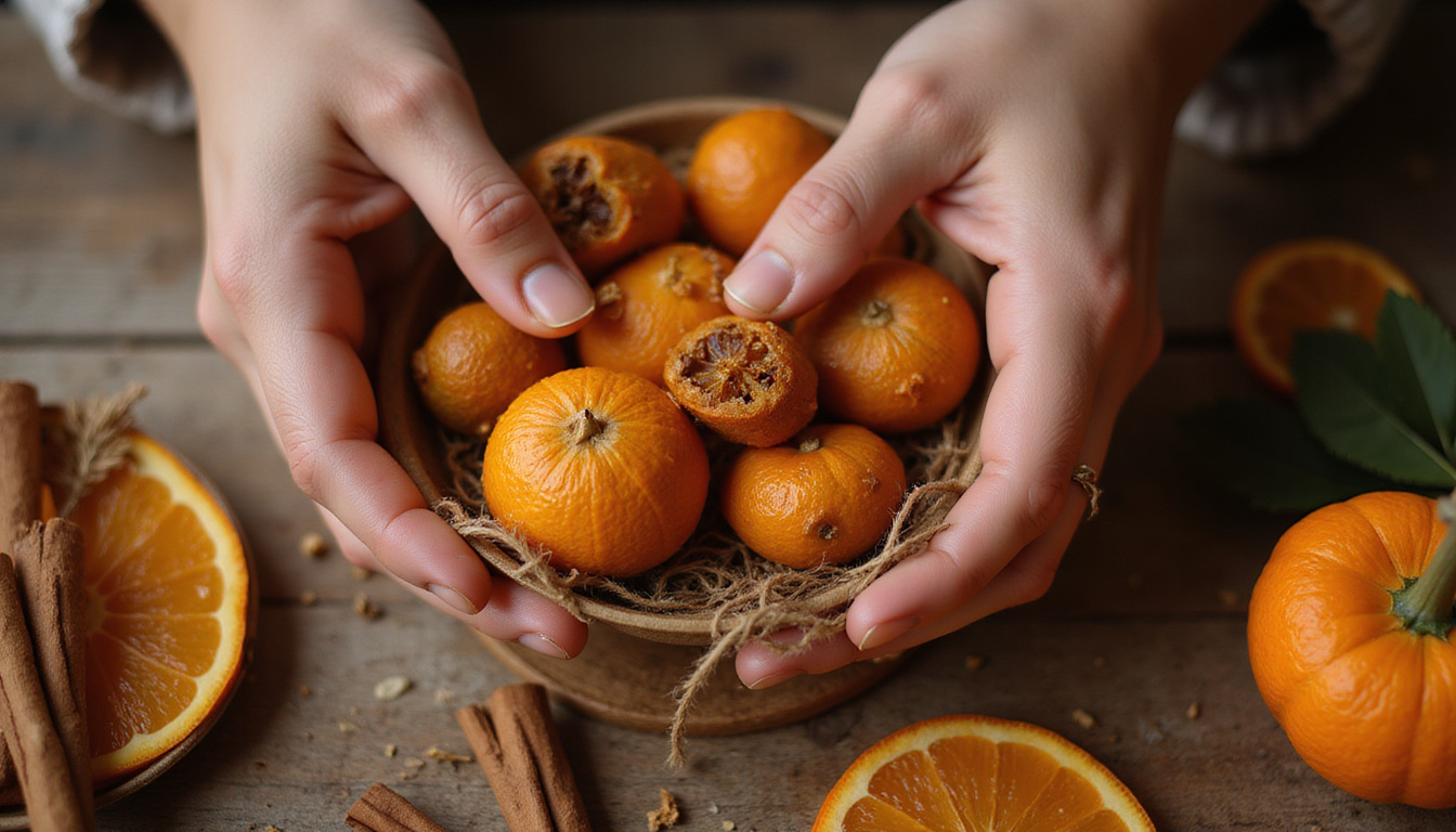  Close-up hands decorating menorah with dried oranges, cinnamon sticks, twine, warm amber glow