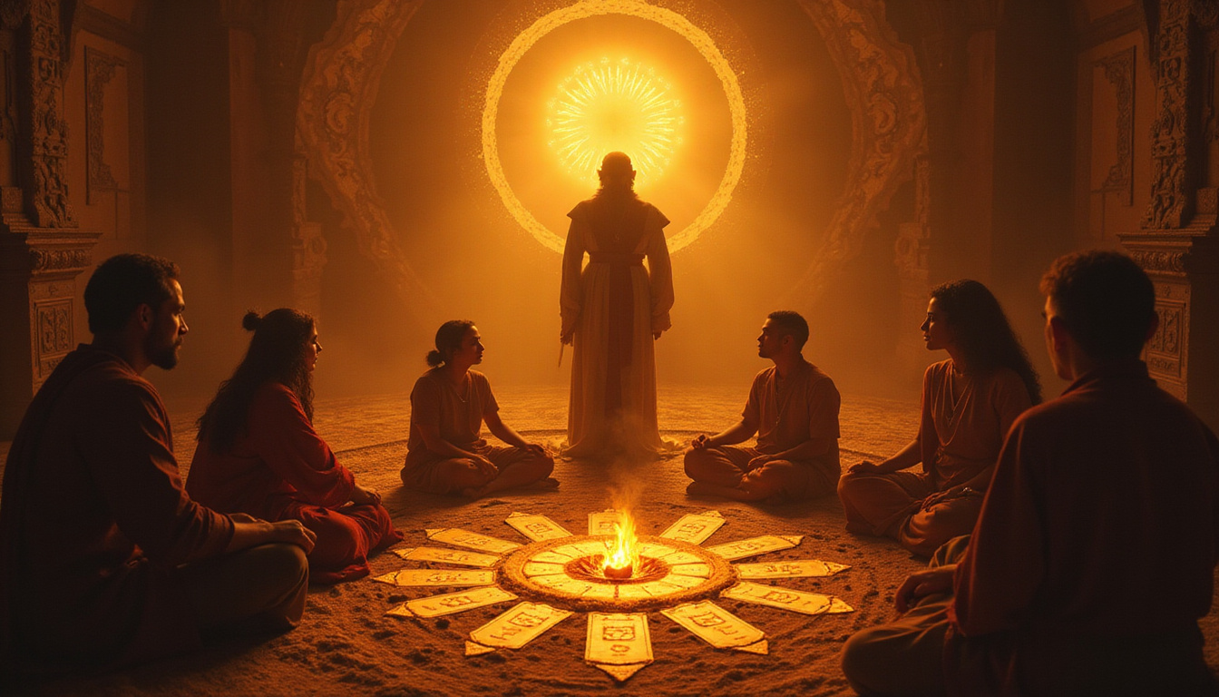  ancient protective talismans glowing, calm family circle, priest performing ritual, warm golden aura