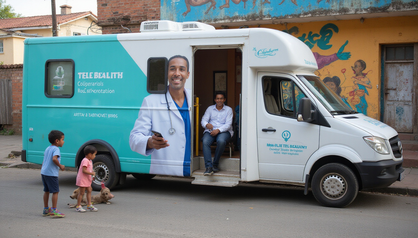  Mobile telehealth van parked in neighborhood, smiling doctor on tablet, children playing, vibrant murals