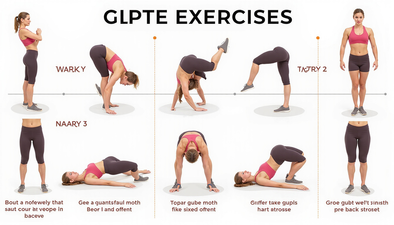  Illustrated sequence of seven glute exercises, step-by-step form cues, motion lines, infographic