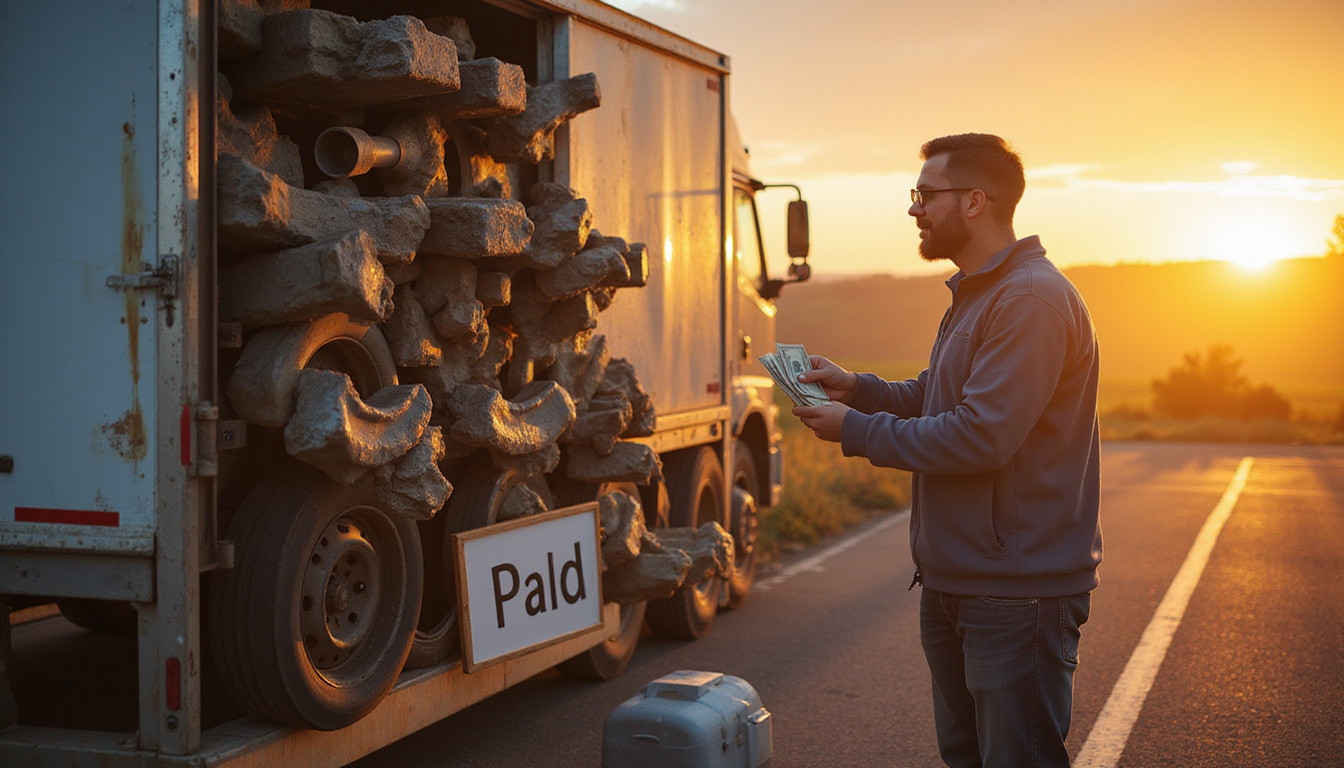  Happy seller counting cash beside stacked trailer parts, 