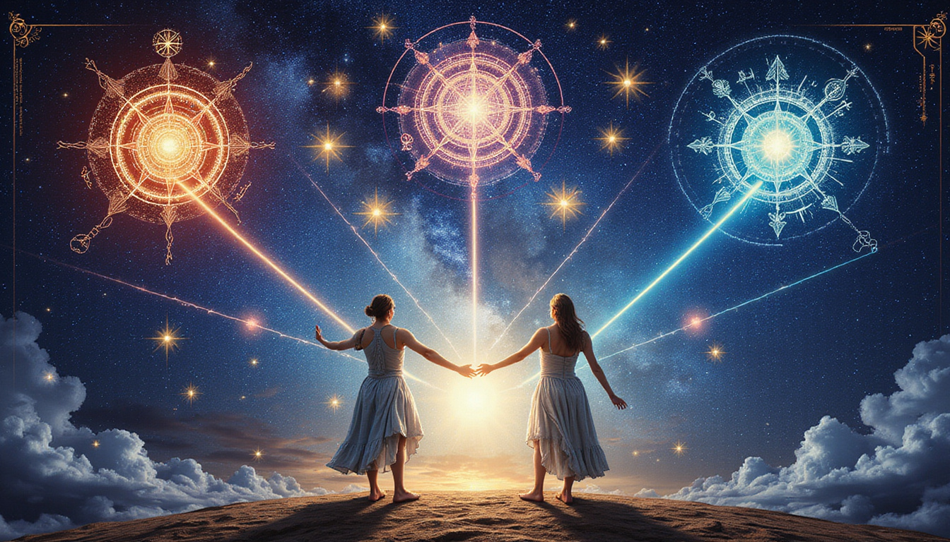 Cosmic tarot-style scene, astrological sigils radiating strengths, love icons and career beams