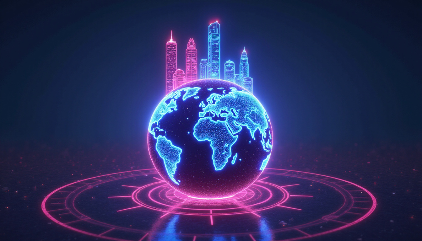 Futuristic neon globe with career beacons, skyscraper icons, astrological wheel overlay guiding ambition