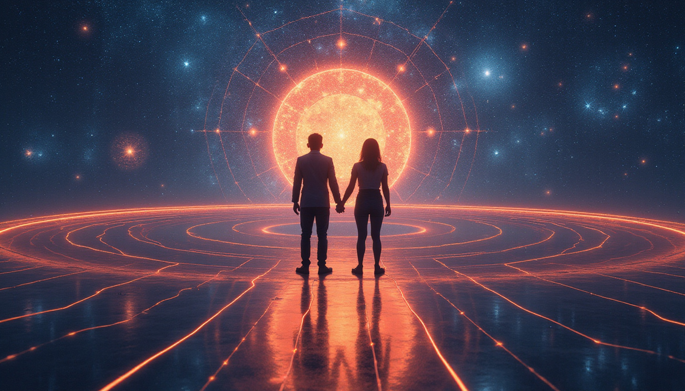  Two silhouetted figures linked by luminous orbital lines and hidden constellation patterns, timing gears