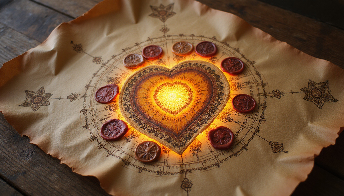 Ancient parchment compatibility test revealing luminous star-map, heart-shaped seals unlocking lasting love secrets