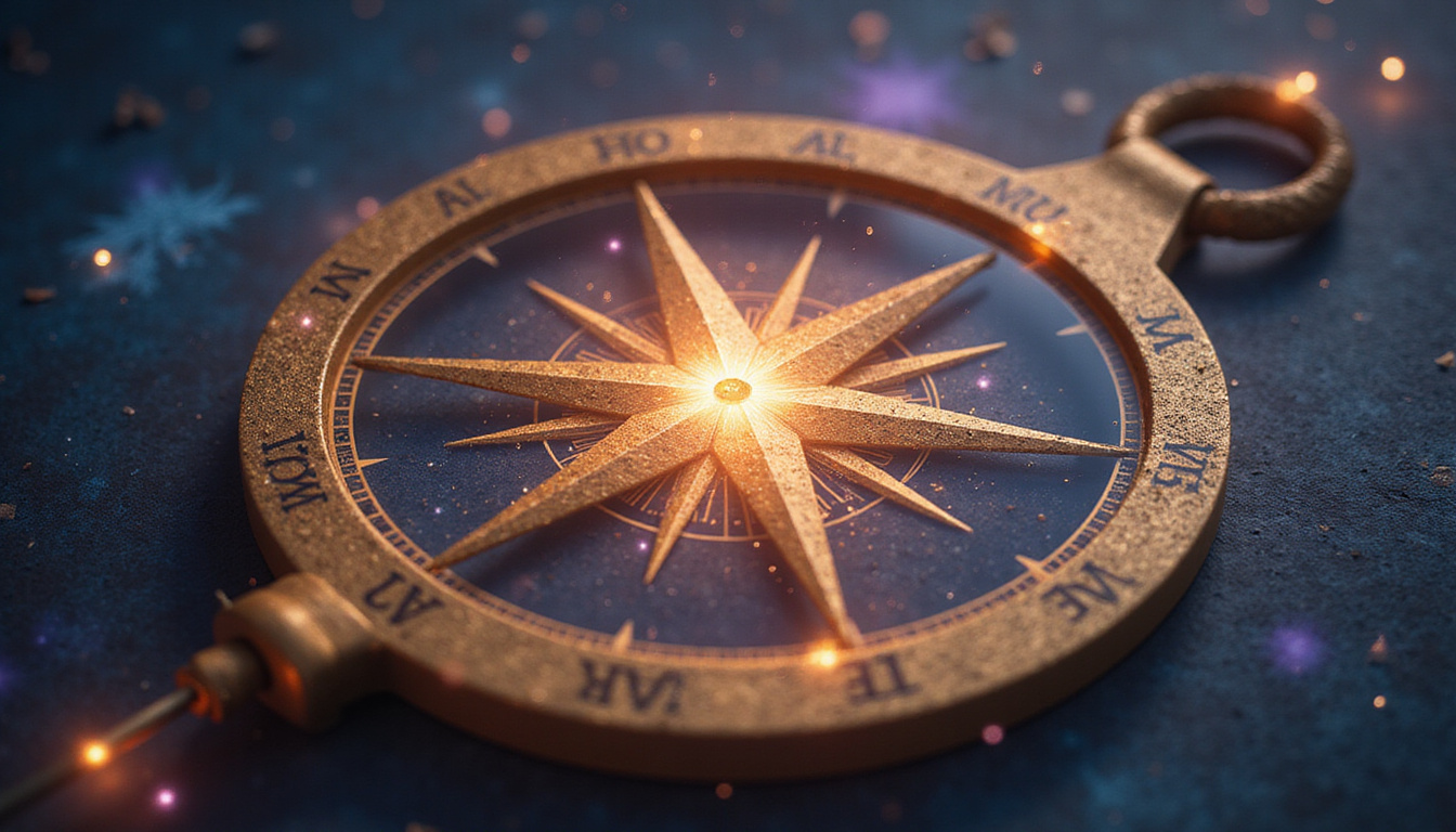 Mystical compass pointing to radiant astrological house, pathways of success woven with light