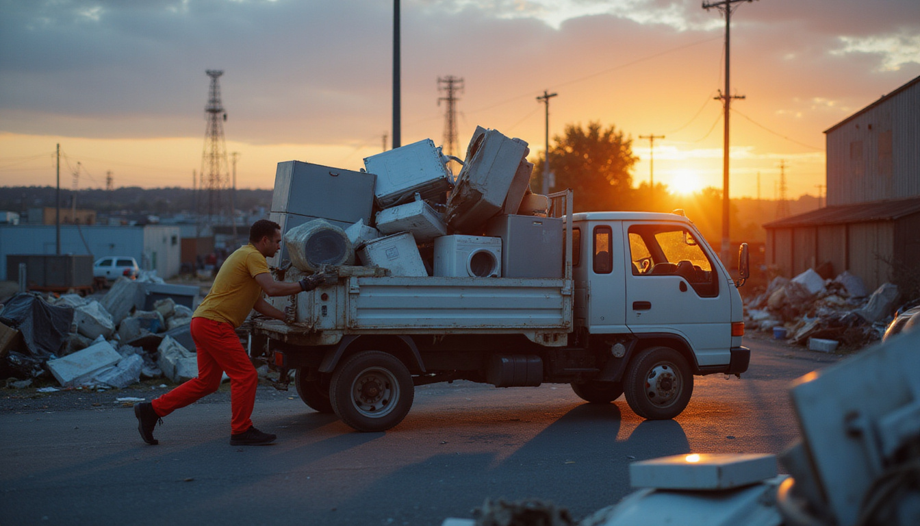 Hustling salvage worker with truck loaded with appliances, glowing receipts, industrial skyline at dusk