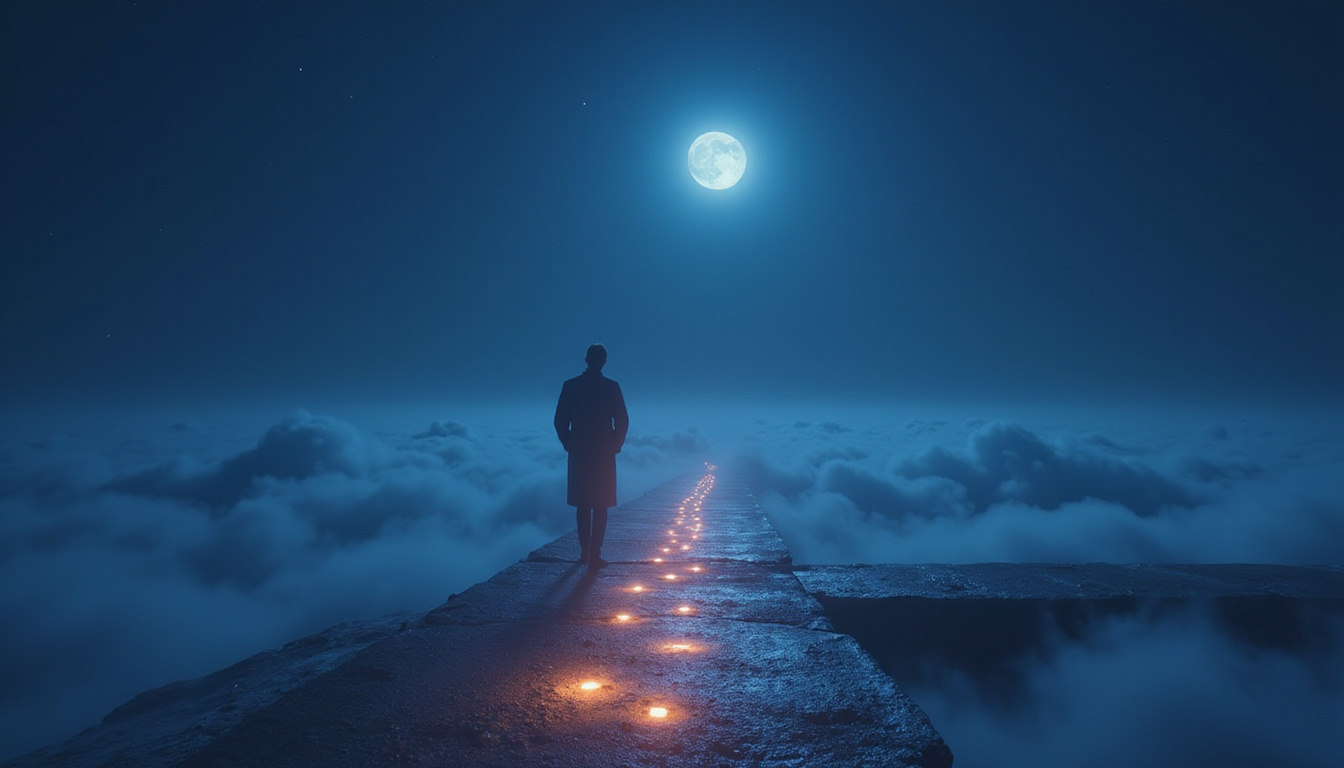 Therapist guiding anxious figure across illuminated bridge of tiny glowing milestones, night turning peaceful