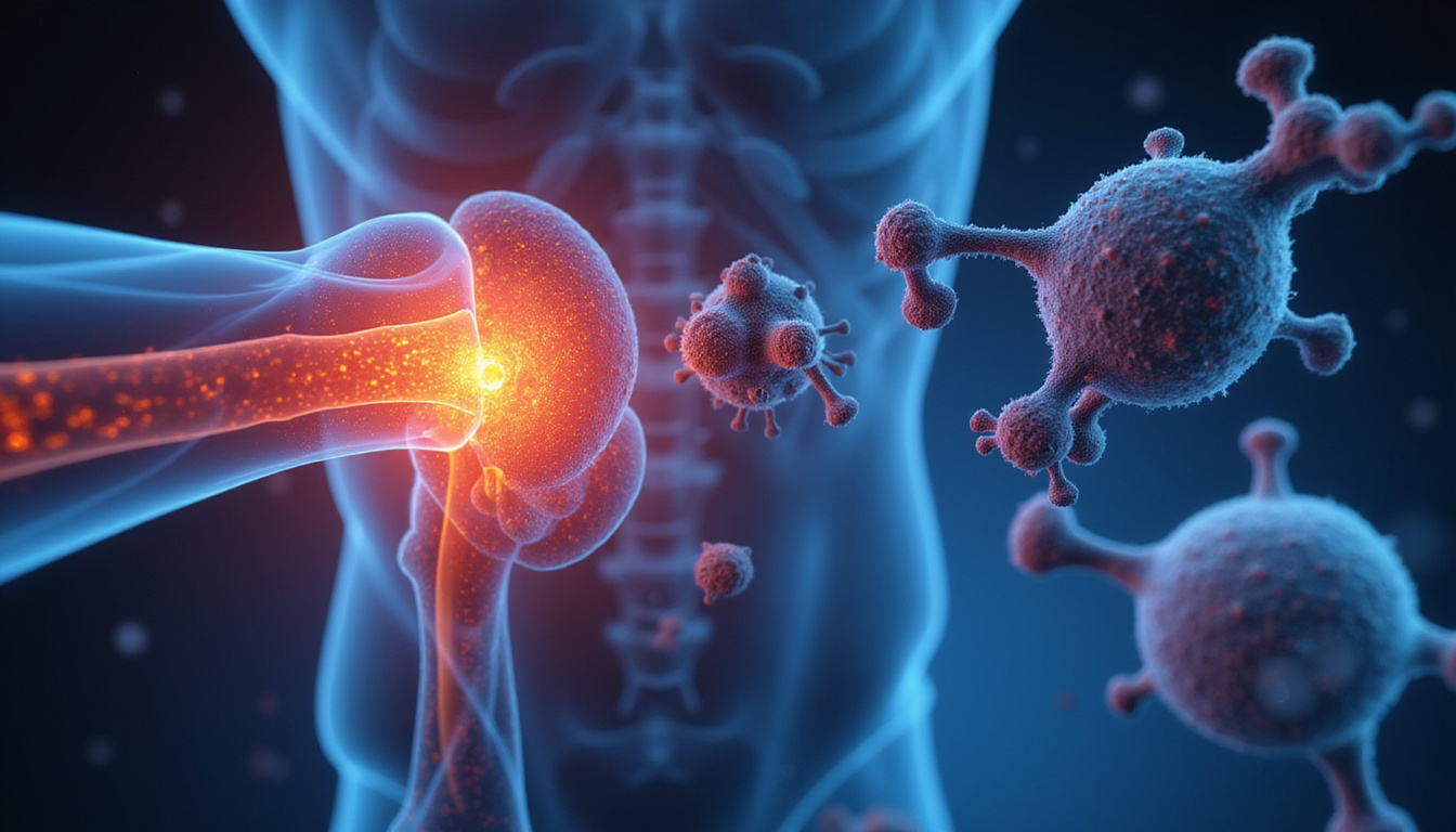  Conceptual immune system visualization: inflamed joint, TNF molecules being neutralized, side effect warning icons