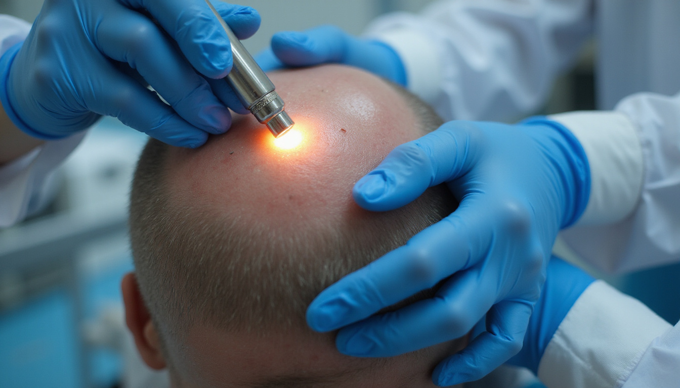  Dermatologist examining scalp with gloved hands, laser therapy beams stimulating tiny vessels, clinical
