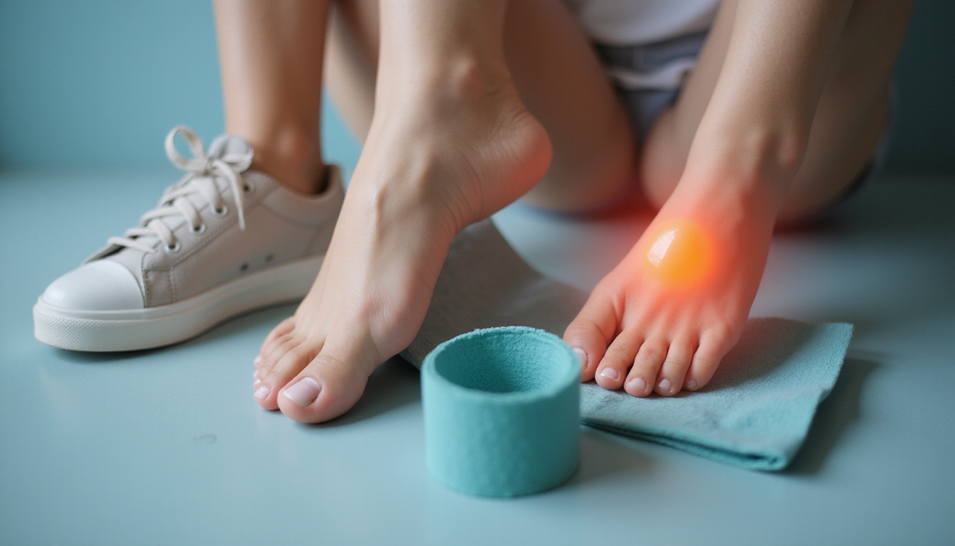  Close up foot with highlighted arch pain relief orthotic shoe beside massage ball and tape