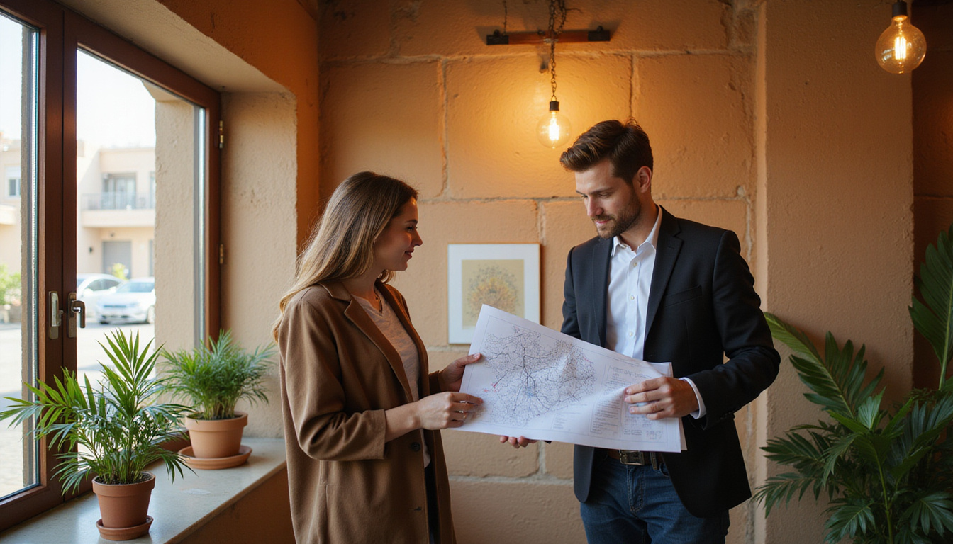  Agent and young couple reviewing floor plan near mashrabiya window, market view, warm tones