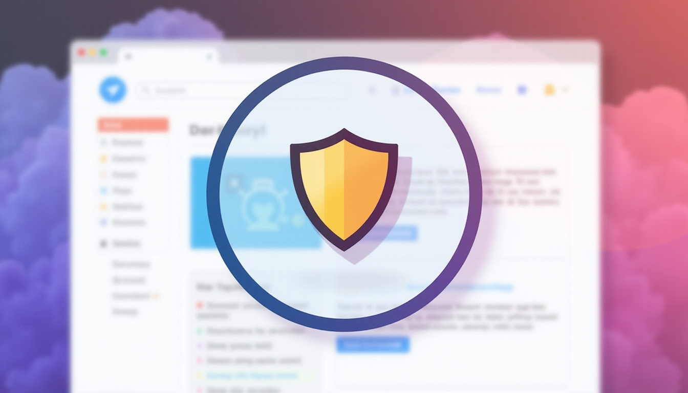 Shield-shaped privacy icon overlaid on webpage, targeted ad fits organically, minimal cookies, serene palette