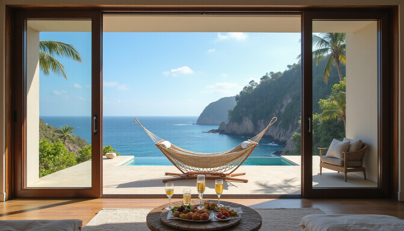 Oceanfront villa terrace, floor-to-ceiling glass, hammock, champagne breakfast, dramatic cliffs, serene
