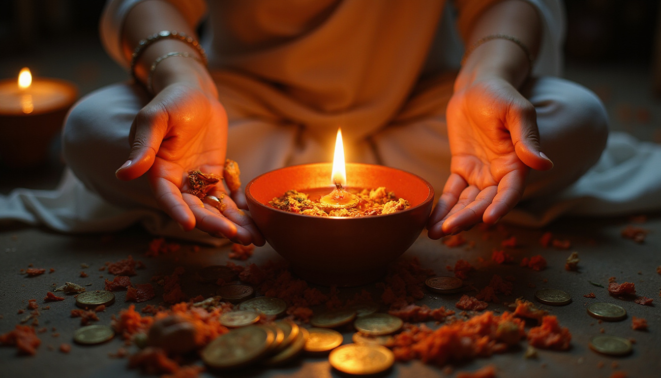 Hands performing aarti, coins and modak offerings, glowing miracle orbs, focused meditative silhouette