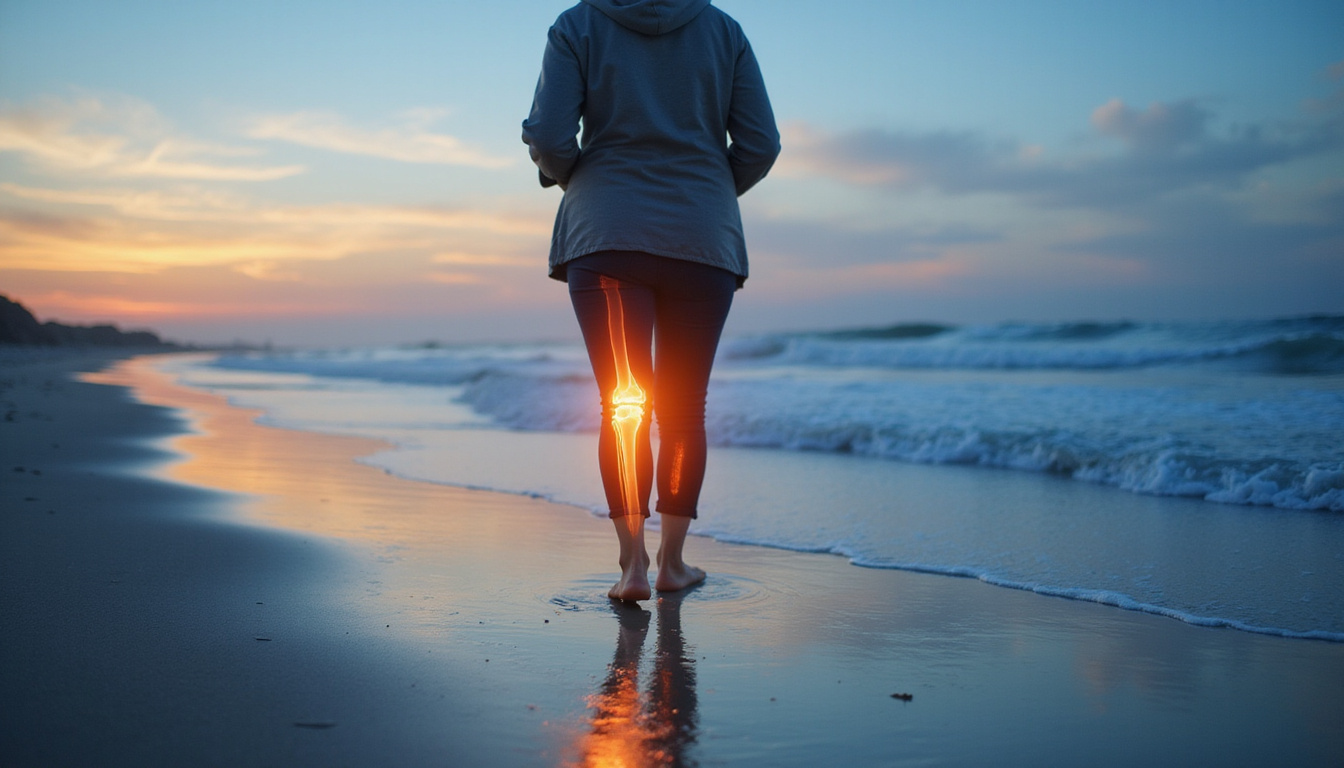  Elderly woman walking freely on beach, knee x-ray overlay showing regenerated cartilage, luminous