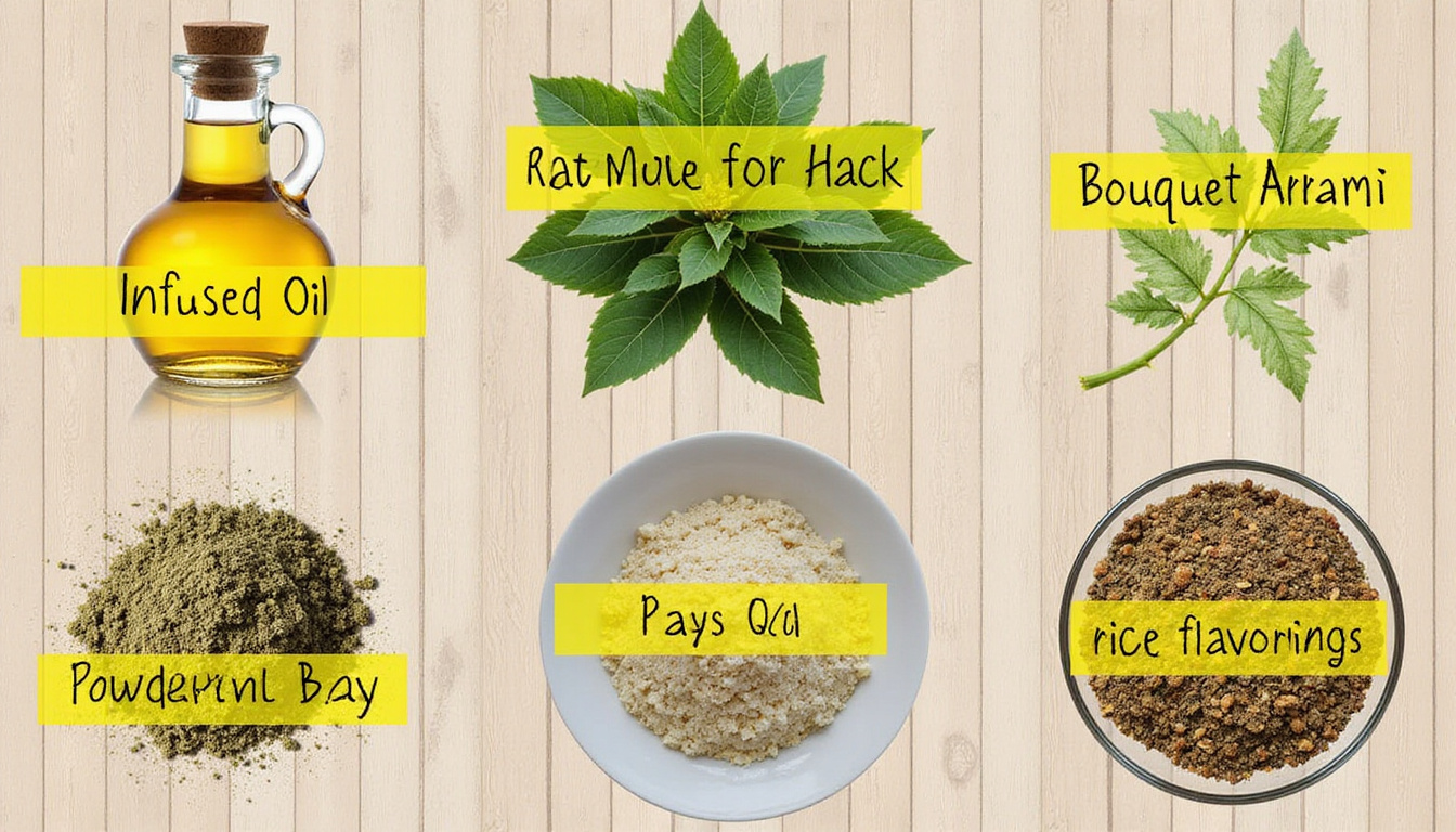  Collage of bay leaf hacks: infused oil, bouquet garni, powdered bay, rice flavoring, wooden background